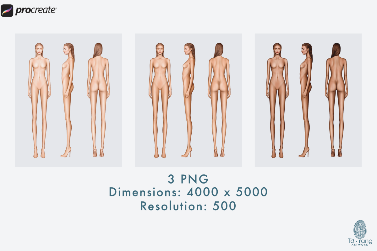 3 Female Fashion Croquis Templates - Front, Back and Side Views - 3 Different Dark Skin Tones Color - 10 Head Fashion Figure - Image 4
