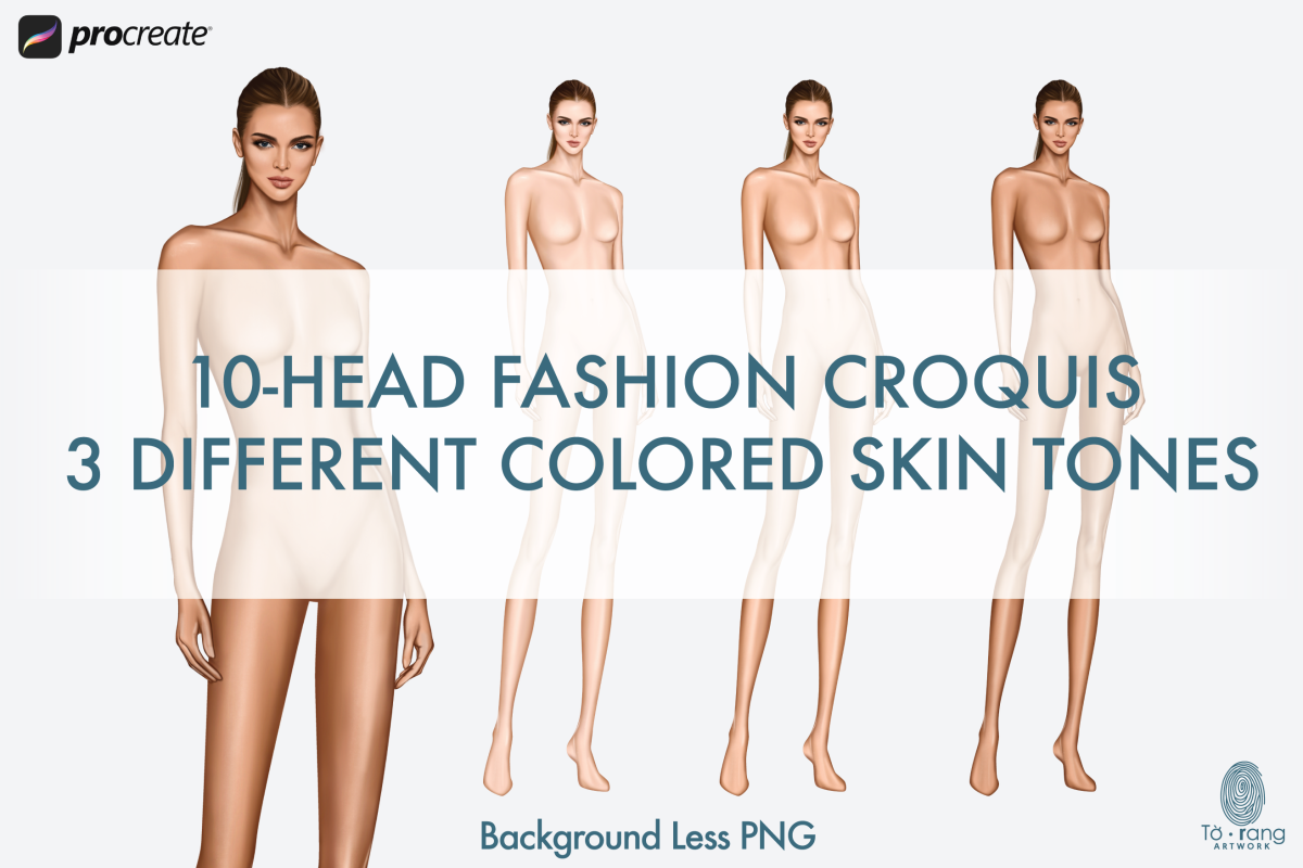 Female Fashion Figure Templates, 3/4 View Pose, 10 Head Fashion Figure, 3 Different Skin Tones Color - Image 2