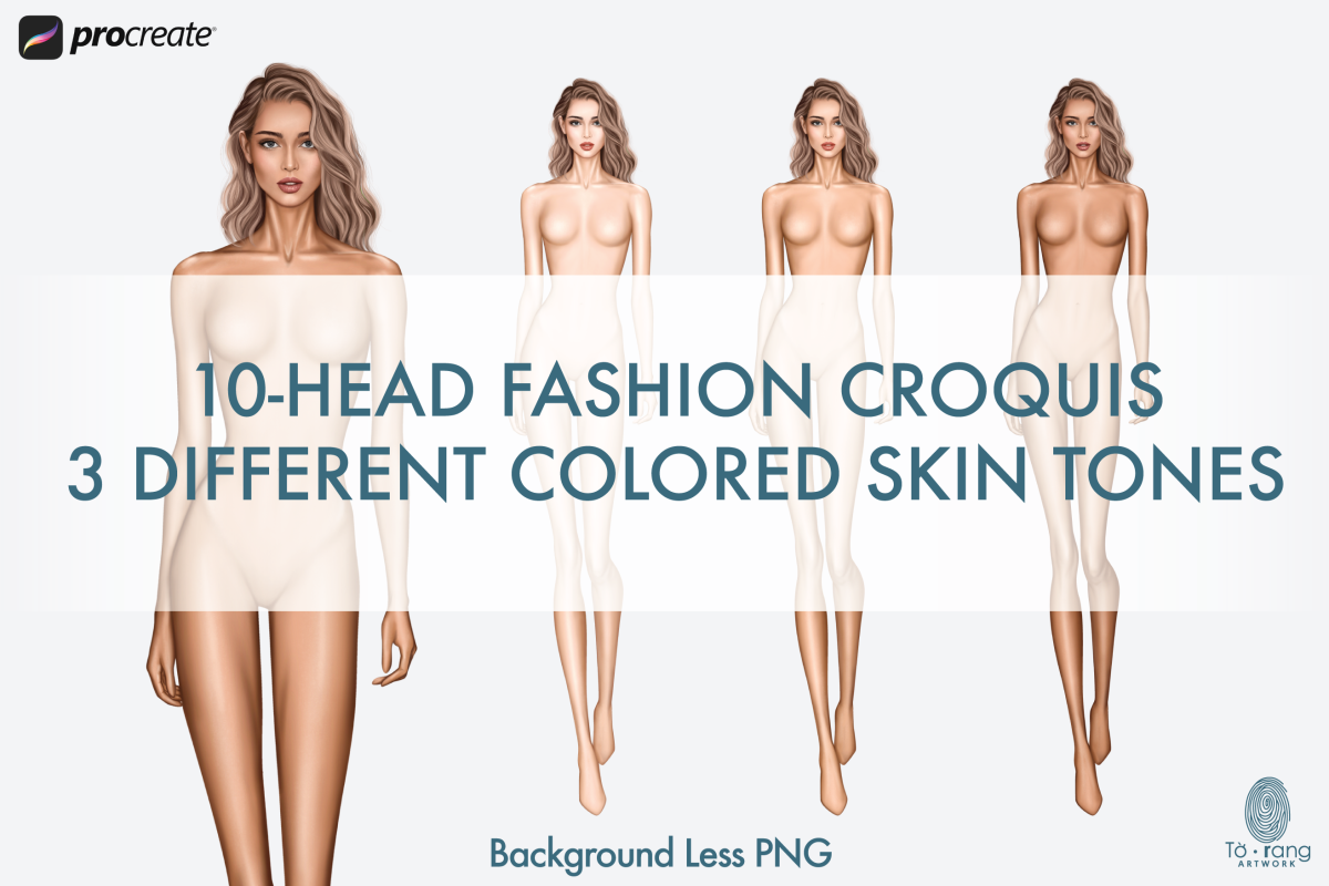 Female Fashion Croquis Templates, Curly Hair, Runway Pose, 10 Head Fashion Figure, 3 Different Colored Skin Tones - Image 2