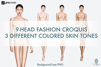 Female Fashion Croquis Templates, 9 Head Fashion Figure, Asian Model, 3 Different Colored Skin Tones