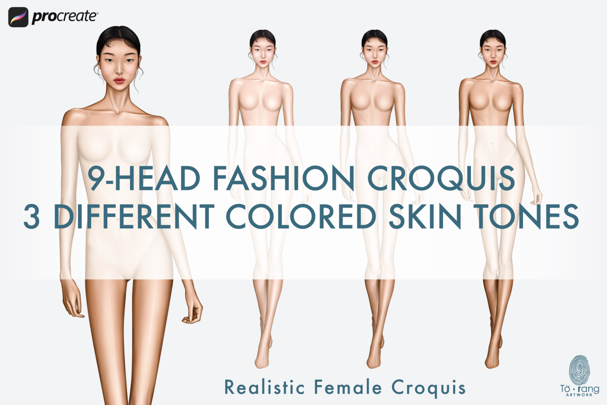 Female Fashion Croquis Templates, 9 Head Fashion Figure, Asian Model, 3 Different Colored Skin Tones - Image 2