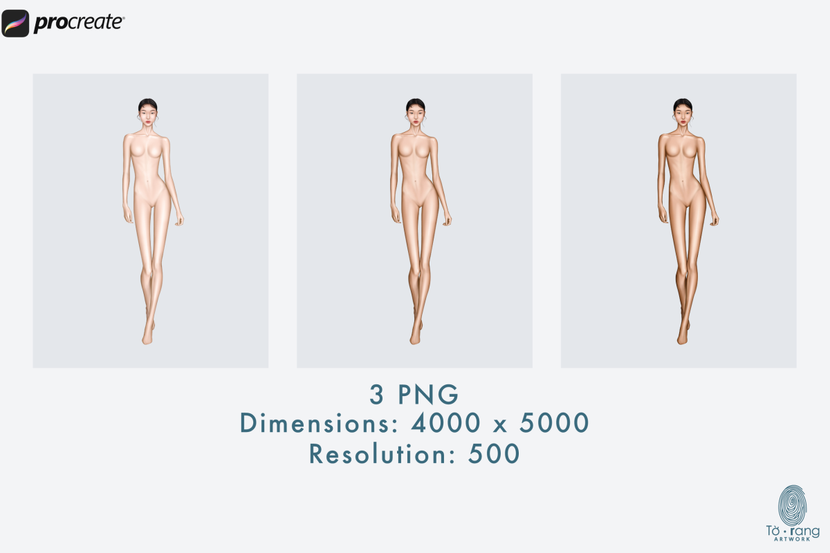 Female Fashion Croquis Templates, 9 Head Fashion Figure, Asian Model, 3 Different Colored Skin Tones - Image 3