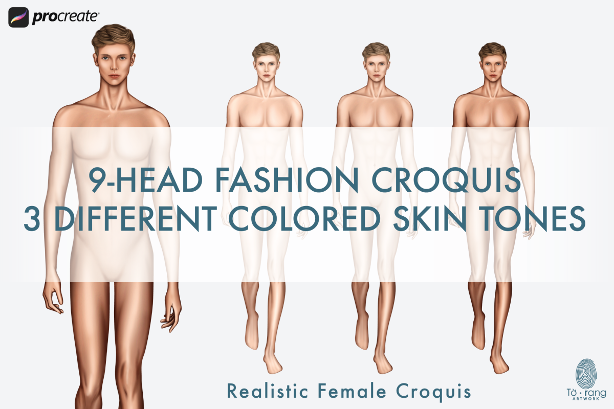 Male Fashion Croquis Templates, Runway Pose, 3 Different Colored Skin Tones, 9-Head Fashion Figure - Image 2