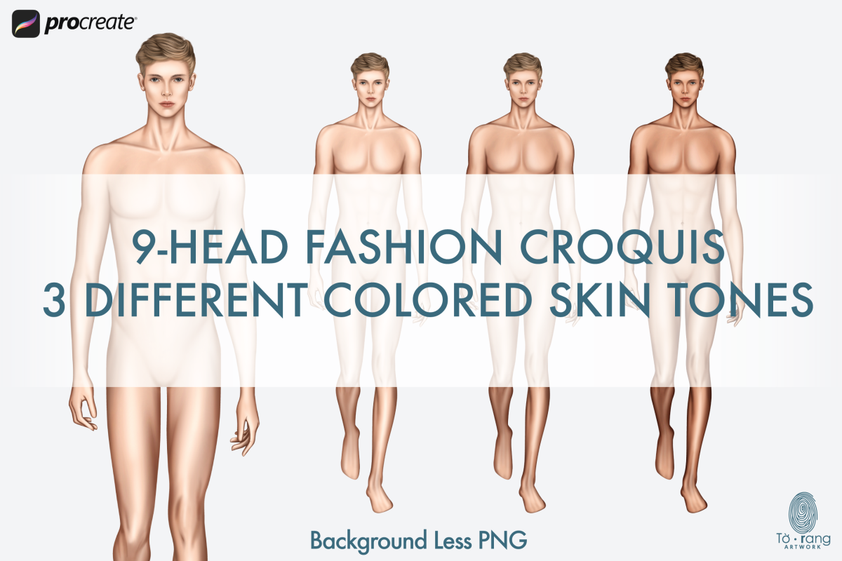 Male Fashion Croquis Templates, Runway Pose, 3 Different Colored Skin Tones, 9-Head Fashion Figure - Image 3