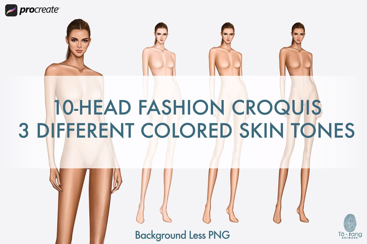 5 Female Fashion Croquis Templates - 10 Head Fashion Figure - Light, Medium, Tan Skin Tones Color - Image 6