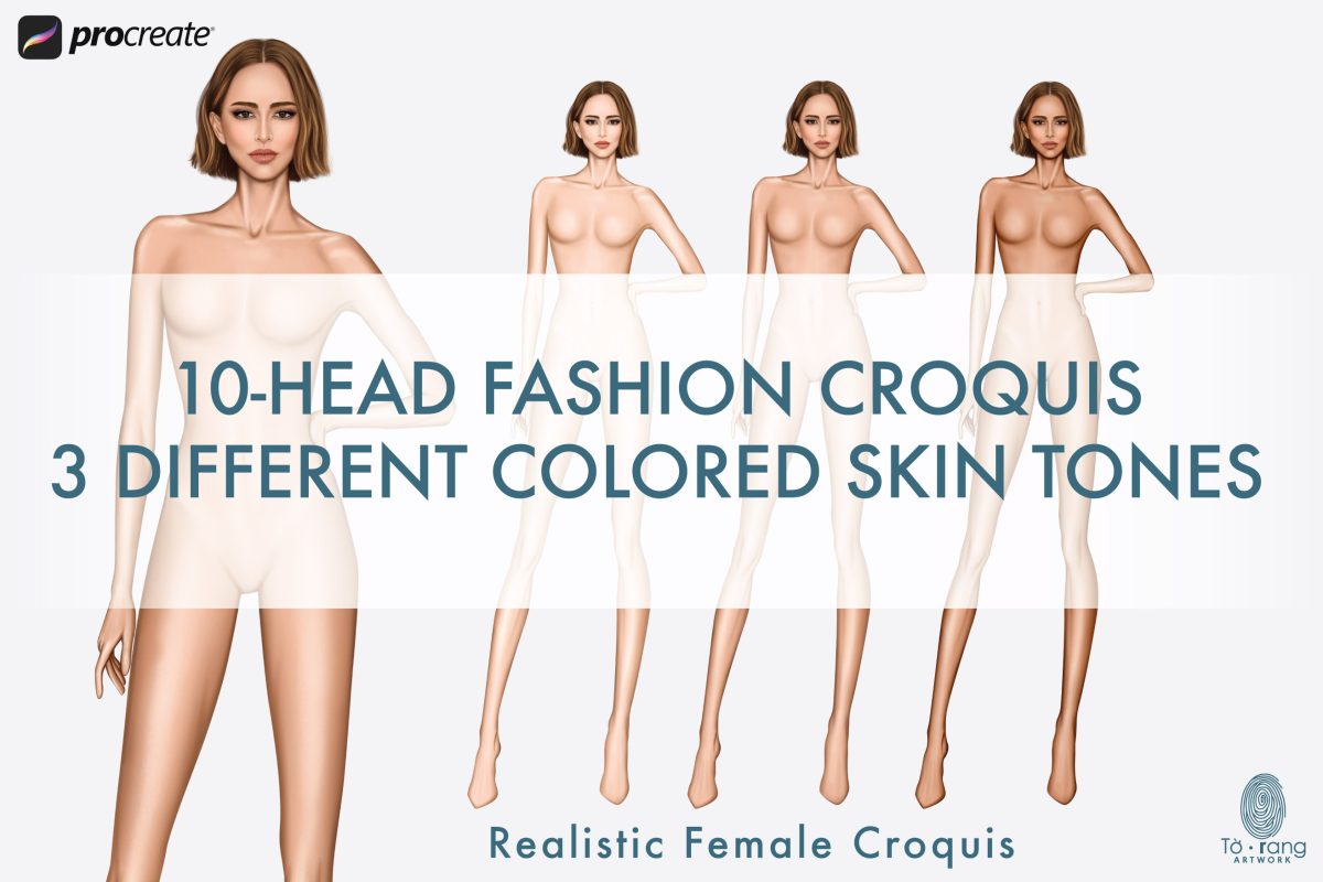 5 Female Fashion Croquis Templates - 10 Head Fashion Figure - Light, Medium, Tan Skin Tones Color - Image 7