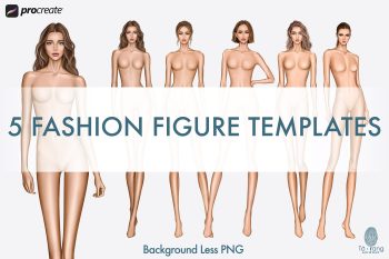 5 Female Fashion Croquis Templates - 10 Head Fashion Figure - Light, Medium, Tan Skin Tones Color