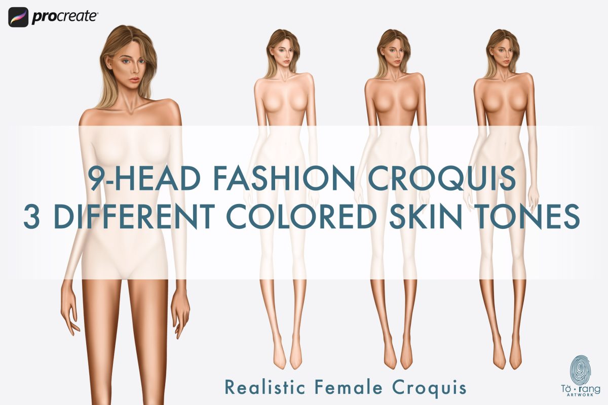 Female Fashion Croquis Templates, Standing Pose, 9 Head Fashion Figure, 3 Different Colored Skin Tones - Image 2