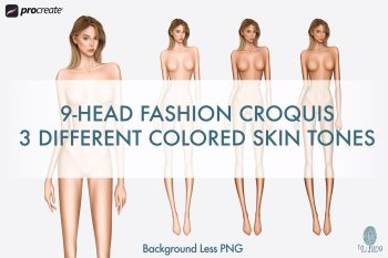 Female Fashion Croquis Templates, Standing Pose, 9 Head Fashion Figure, 3 Different Colored Skin Tones