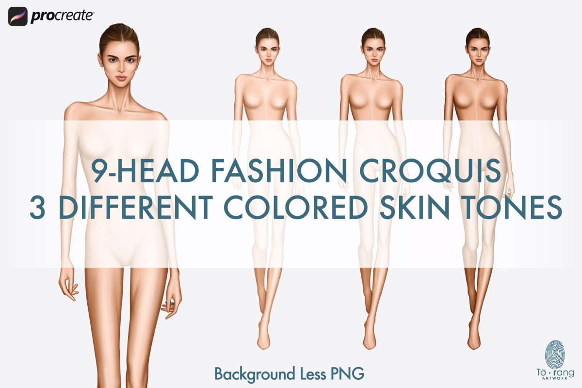 Female Fashion Croquis Templates, Runway Pose, 9 Head Fashion Figure, 3 Different Colored Skin Tones - Image 2