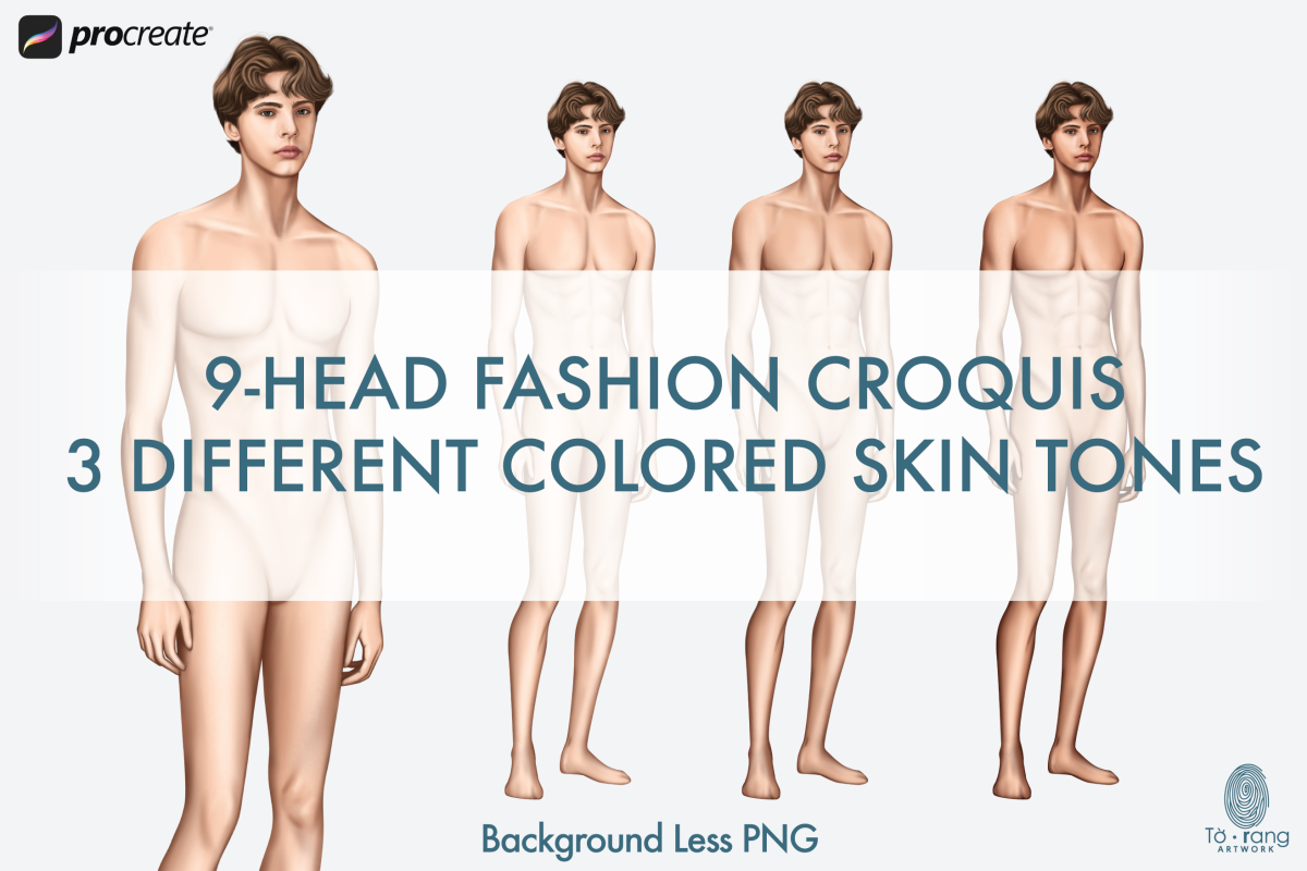 Male Fashion Croquis Templates, Relaxing Pose, 3 Different Colored Skin Tones, 9-Head Fashion Figure - Image 3