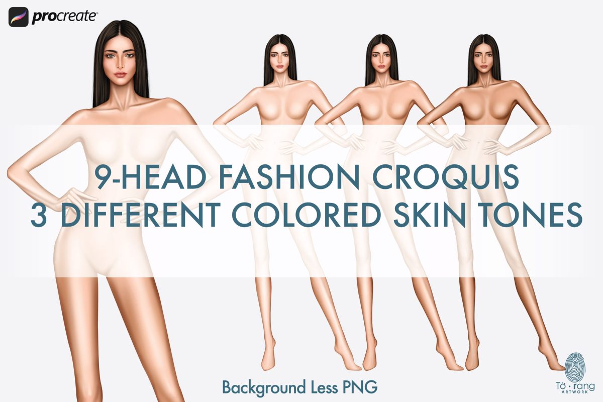9 Head Fashion Croquis, Female Fashion Figure Templates, Standing Pose, 3 Different Colored Skin Tones - Image 2