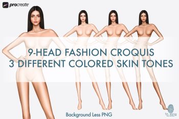 9 Head Fashion Croquis, Female Fashion Figure Templates, Standing Pose, 3 Different Colored Skin Tones - Image 2