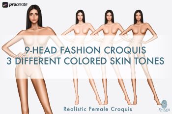 9 Head Fashion Croquis, Female Fashion Figure Templates, Standing Pose, 3 Different Colored Skin Tones