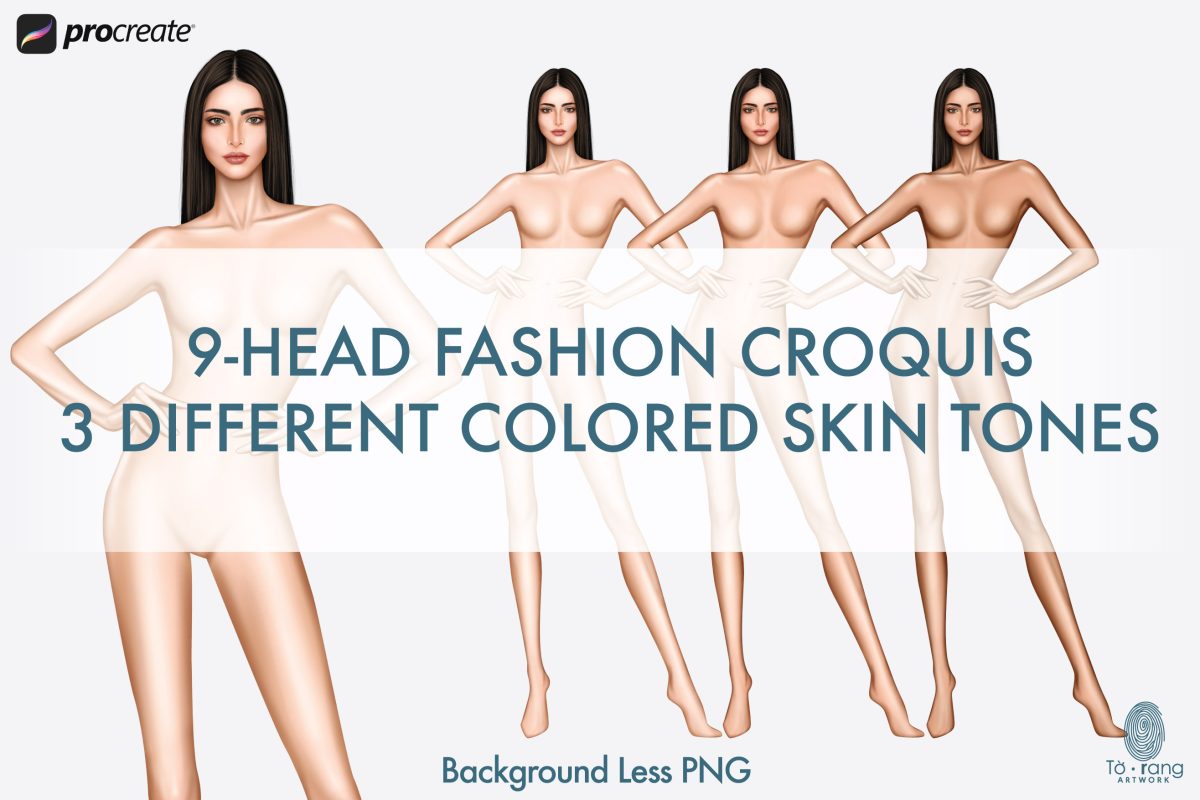 9 Head Fashion Croquis, Female Fashion Figure Templates, Standing Pose, 3 Different Colored Skin Tones - Image 3