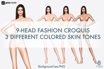 9 Head Fashion Croquis, Female Fashion Figure Templates, Standing Pose, 3 Different Colored Skin Tones - Image 3