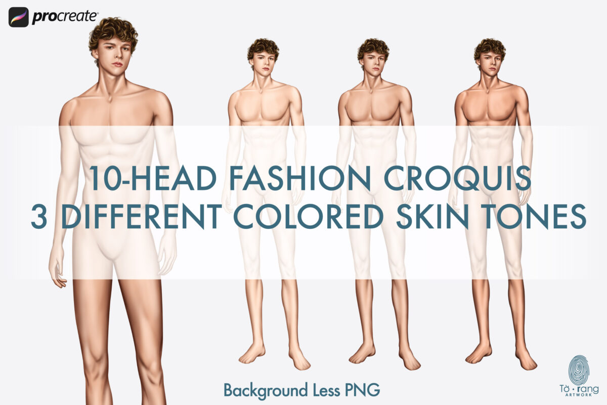Male Fashion Croquis Templates, 3 Different Colored Skin Tones, 10-Head Fashion Figure - Image 2