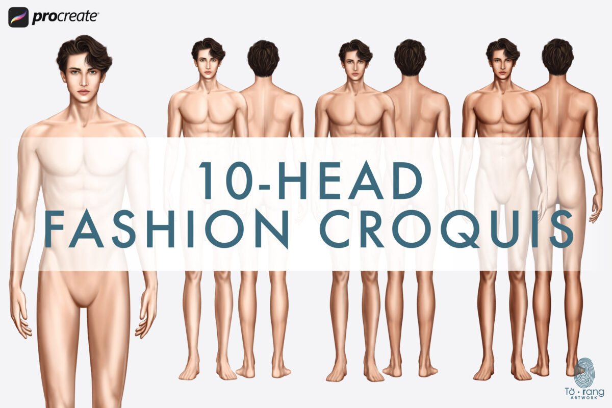 10-Head Male Fashion Croquis (Front & Back, 3 Skin Tones) - Vector & Procreate - Image 2
