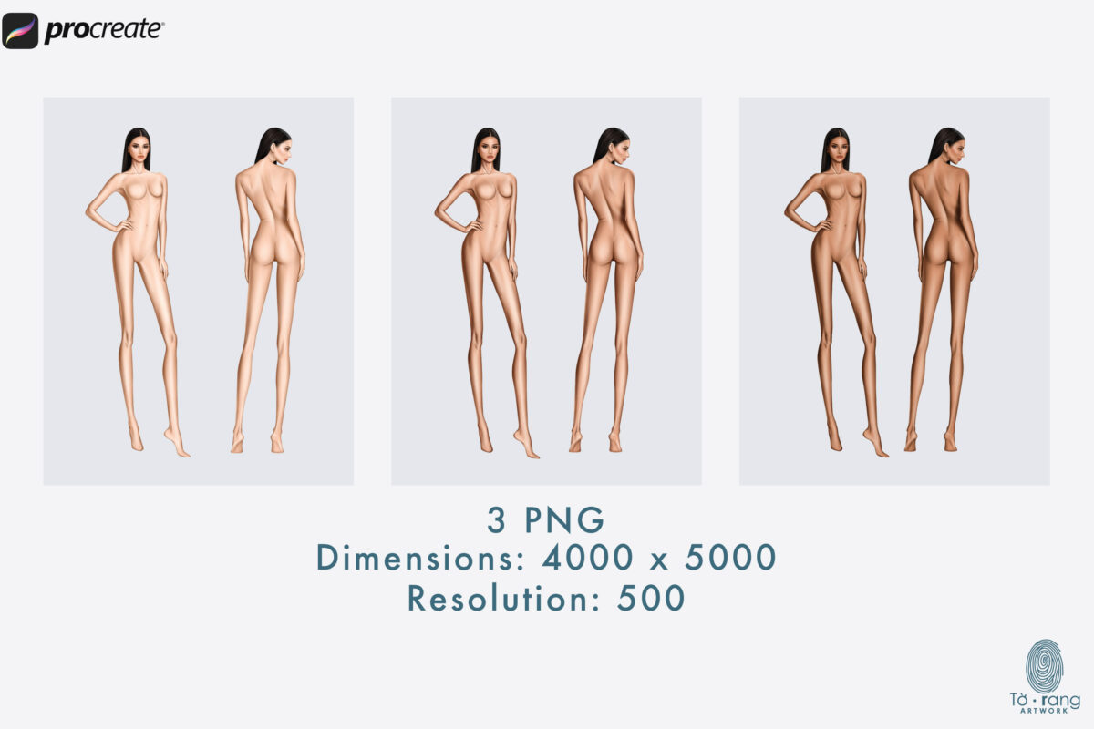 Female Fashion Croquis Templates, 10-Head, Front and Back, 3 Different Colored Skin Tones - Image 3