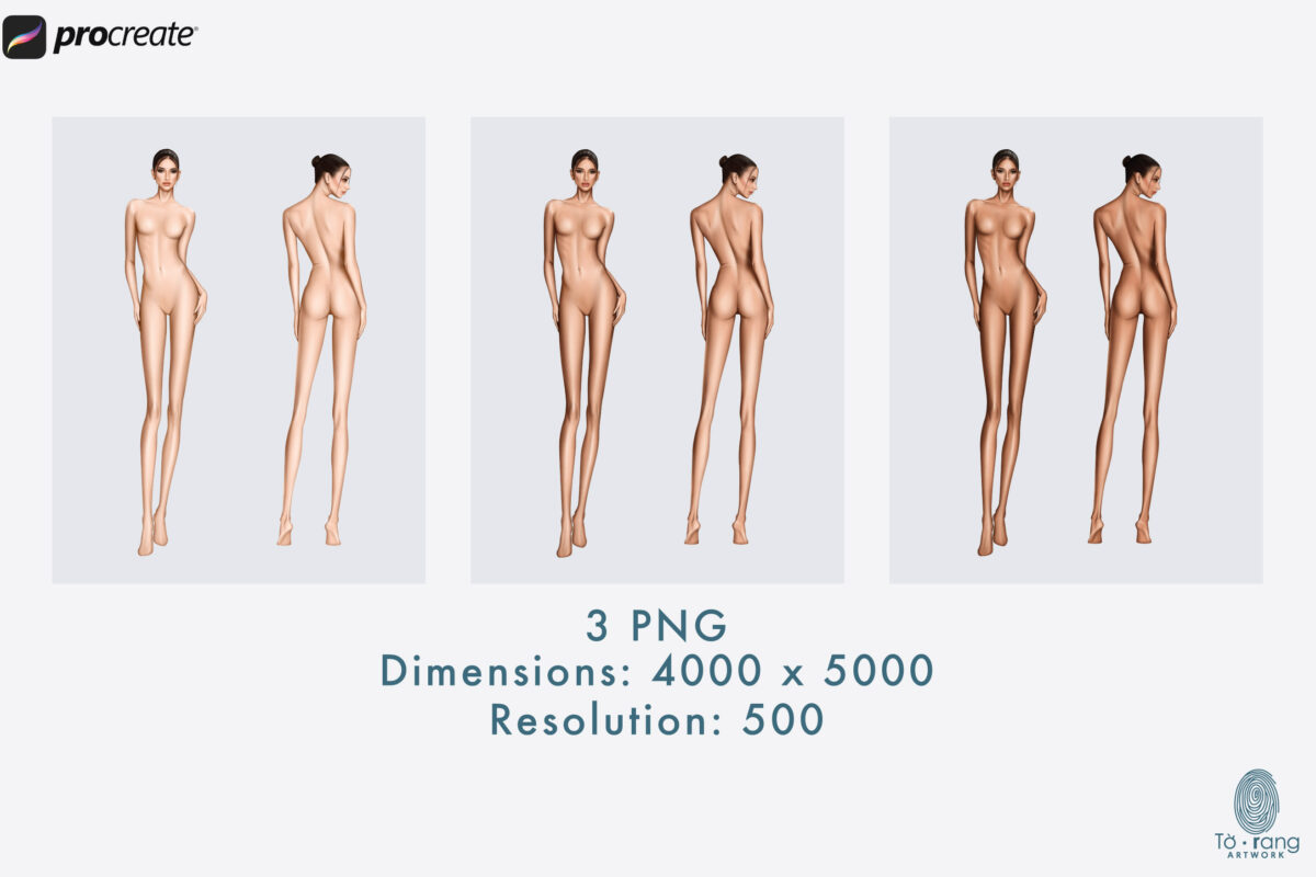Female Fashion Figure Templates, 10-Head, Front and Back Views, 3 Different Colored Skin Tones - Image 3