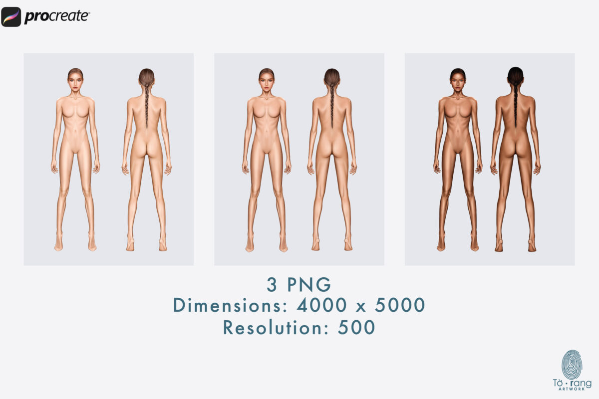 Female Fashion Figure Templates, 8-Head, Front and Back, 3 Different Colored Skin Tones - Image 6