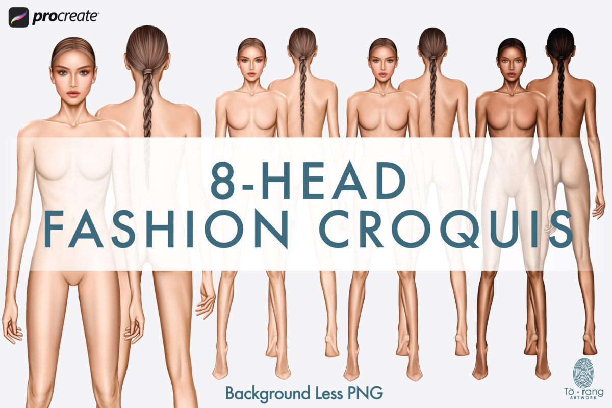 Female Fashion Figure Templates, 8-Head, Front and Back, 3 Different Colored Skin Tones - Image 2