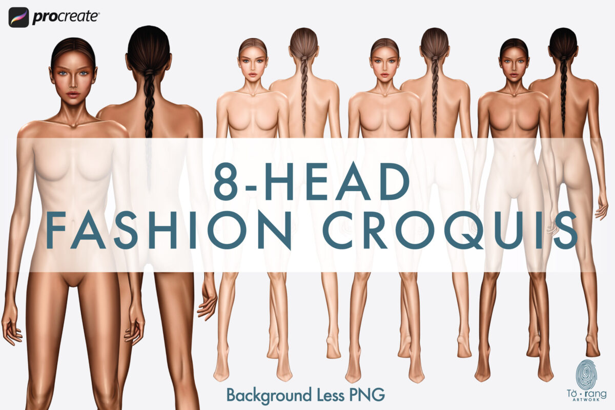 Female Fashion Figure Templates, 8-Head, Front and Back, 3 Different Colored Skin Tones - Image 3