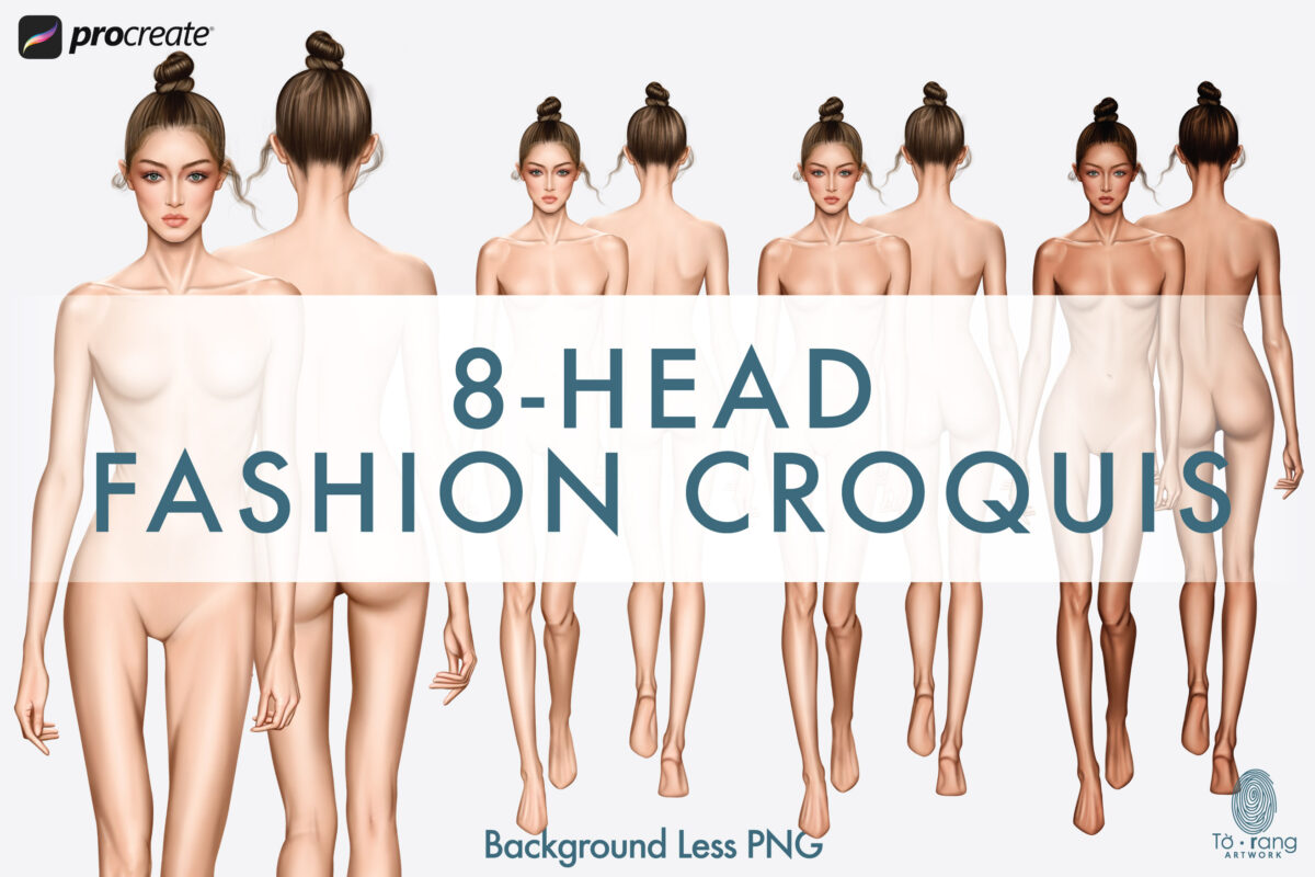 Female Fashion Figure Templates, 8-Head, Runway Pose, Front and Back, 3 Different Colored Skin Tones - Image 2