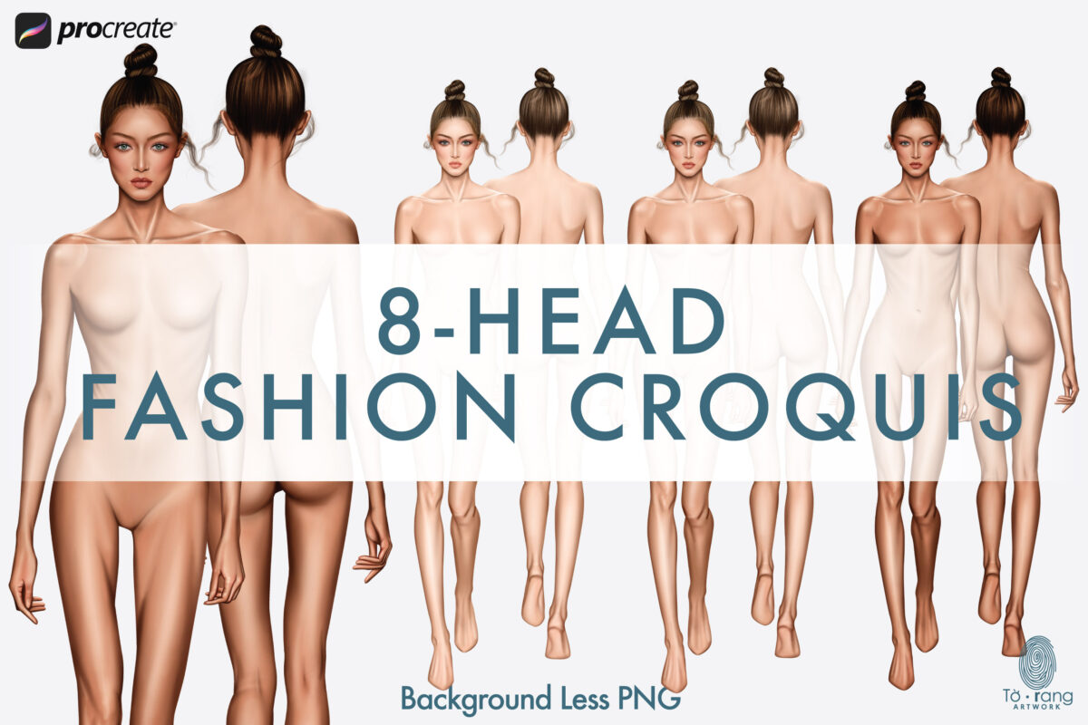 Female Fashion Figure Templates, 8-Head, Runway Pose, Front and Back, 3 Different Colored Skin Tones - Image 3