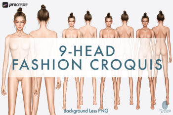 Female Fashion Croquis Templates, 9-Head Proportions, Front & Back Views, 3 Skin Tones, Bun Hairstyle