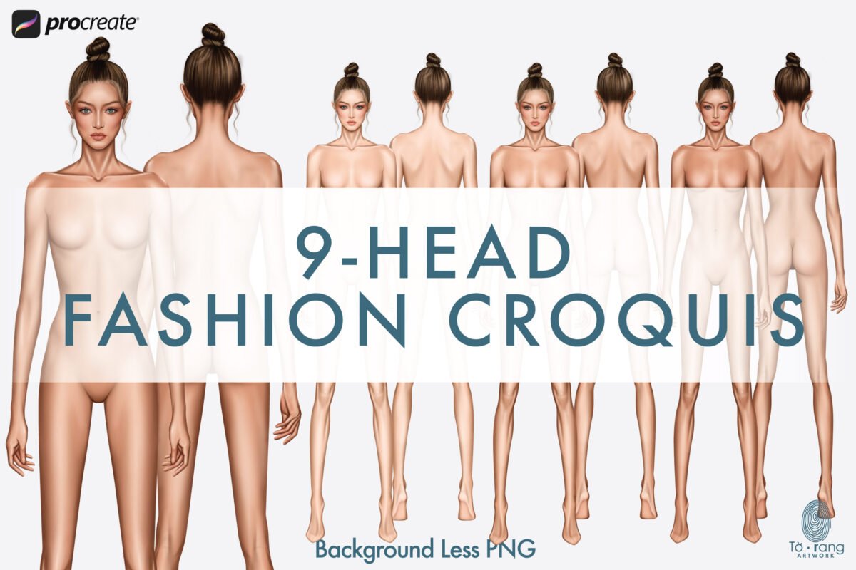 Female Fashion Croquis Templates, 9-Head Proportions, Front & Back Views, 3 Skin Tones, Bun Hairstyle - Image 3