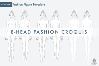 8-Head Fashion Figure Vector Template – Front & Back Views – Runway Pose - Image 2
