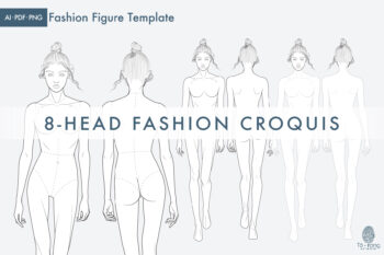 8-Head Fashion Figure Vector Template – Front & Back Views – Runway Pose