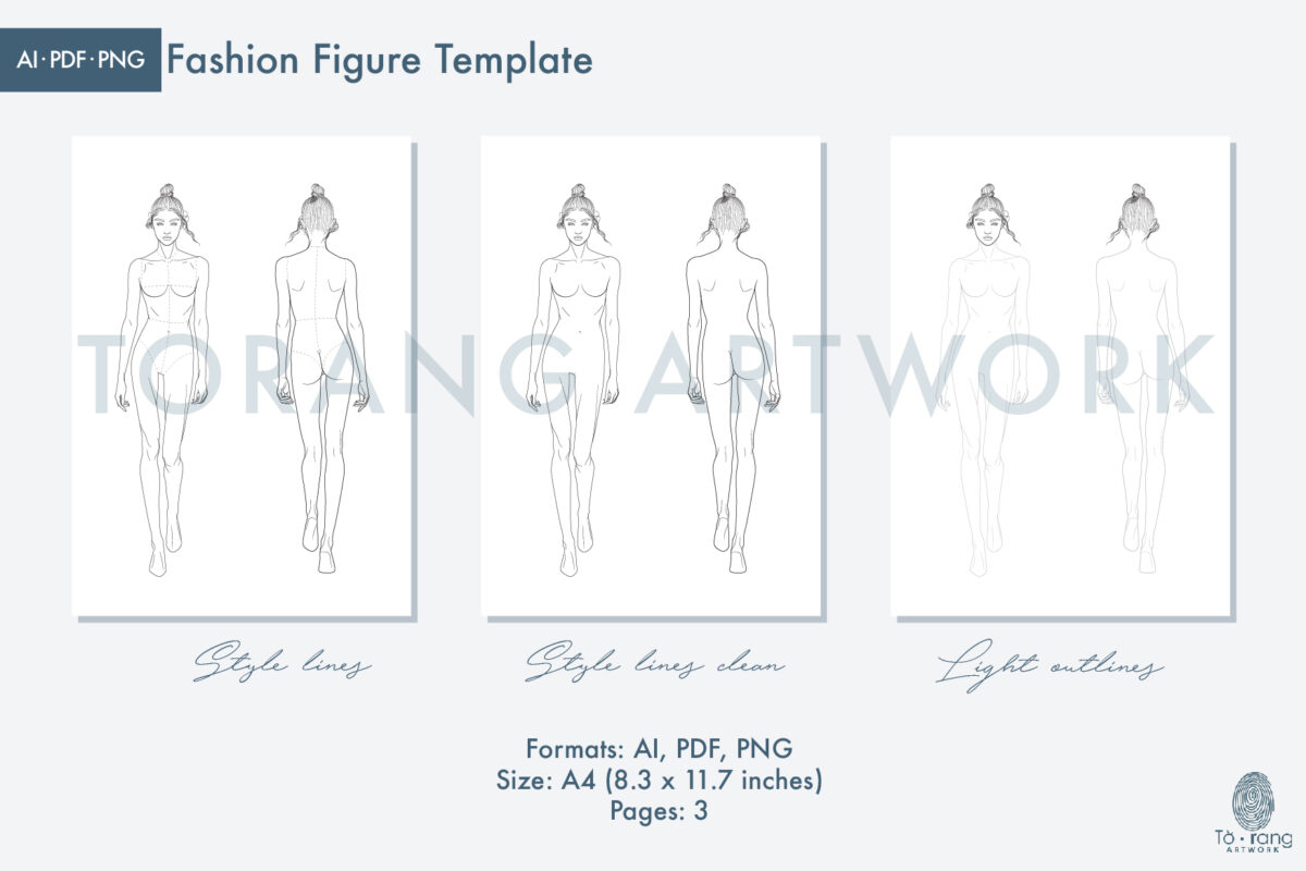 8-Head Fashion Figure Vector Template – Front & Back Views – Runway Pose - Image 3