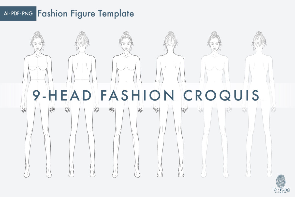 9-Head Fashion Figure Vector Template – Standing Pose – Front & Back Views - Image 2