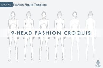 9-Head Fashion Figure Vector Template – Standing Pose – Front & Back Views - Image 2