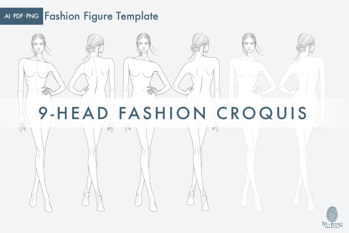9-Head Fashion Figure Vector Template – Front & Back Views - Image 2
