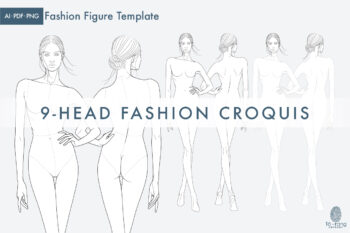 9-Head Fashion Figure Vector Template – Front & Back Views