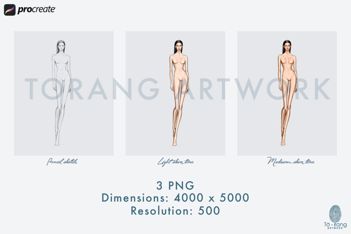Fashion Figure Template, 10-Head Female Catwalk Pose, Pencil Sketch and Skin Tone PNGs for Procreate & Digital Fashion Illustration - Image 3