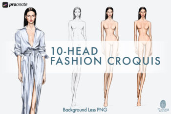 Fashion Figure Template, 10-Head Female Catwalk Pose, Pencil Sketch and Skin Tone PNGs for Procreate & Digital Fashion Illustration