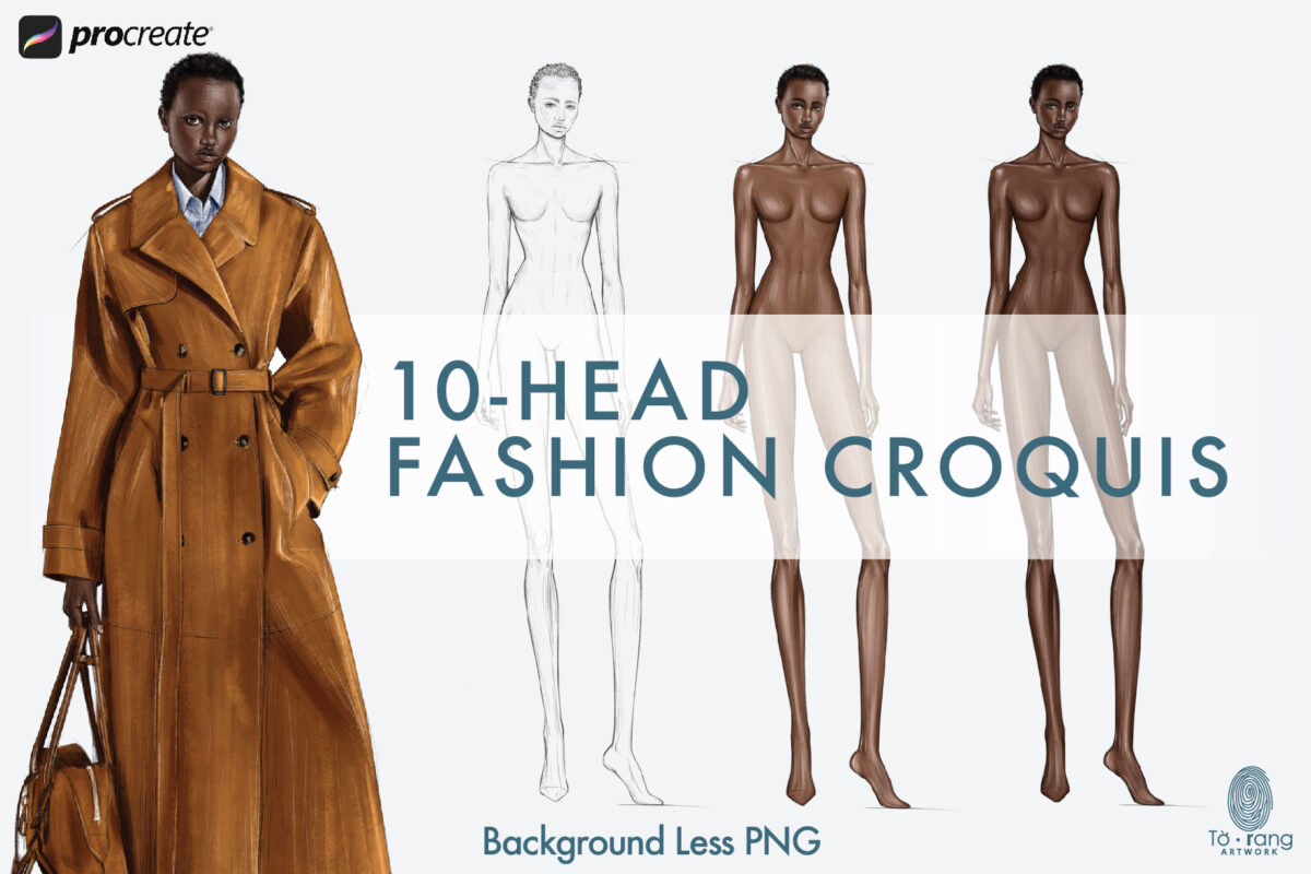 Fashion Figure Templates, 10-Head Female, Pencil Sketch and Skin Tone PNGs for Procreate & Digital Fashion Illustration - Image 2