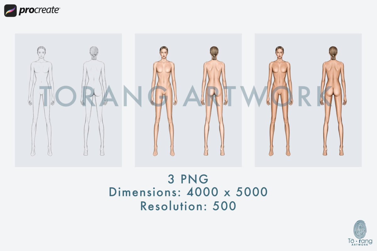9-Head Fashion Figure Templates - Front & Back Standing Poses - PNG for Procreate - Image 5