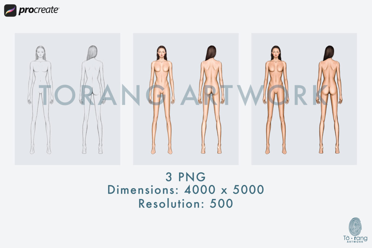 Asian Fashion Figure Templates - 9-Head Standing Pose (Front & Back Views, PNG for Procreate) - Image 5
