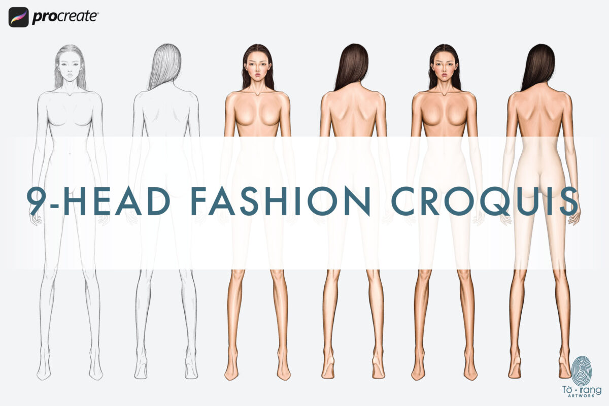 Asian Fashion Figure Templates - 9-Head Standing Pose (Front & Back Views, PNG for Procreate) - Image 4