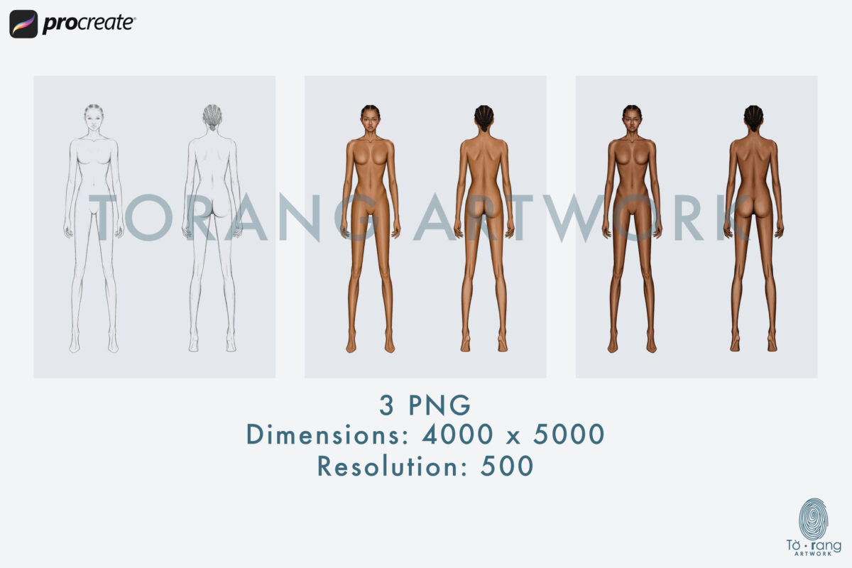 Dark Skin Fashion Figure Templates - 9-Head Standing Croquis (Front & Back Views, PNG for Procreate) - Image 5
