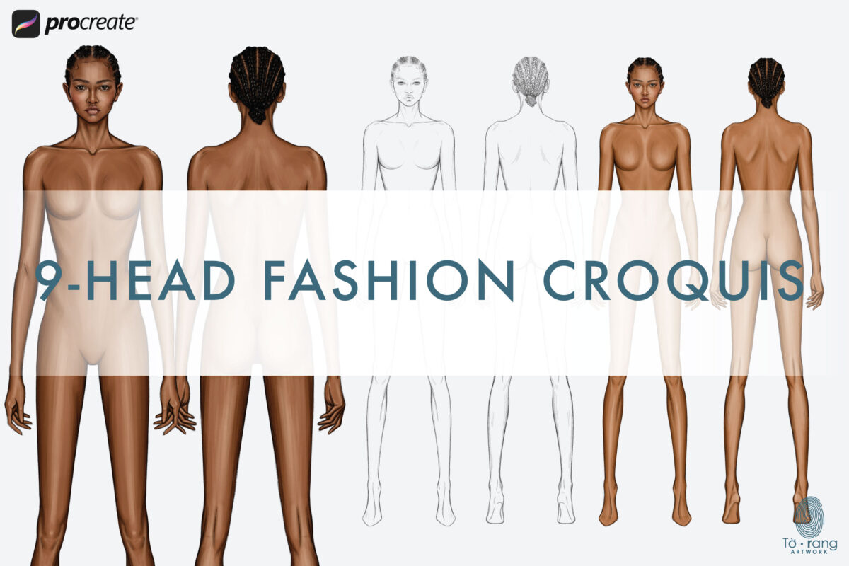Dark Skin Fashion Figure Templates - 9-Head Standing Croquis (Front & Back Views, PNG for Procreate) - Image 2