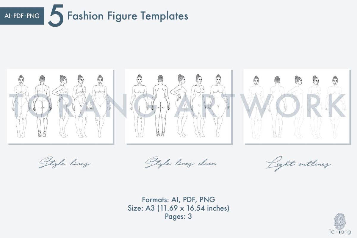 Pear Shape Fashion Figure Templates, 8-Head Croquis, 5 Poses, Printable Fashion Sketch Base - Image 4