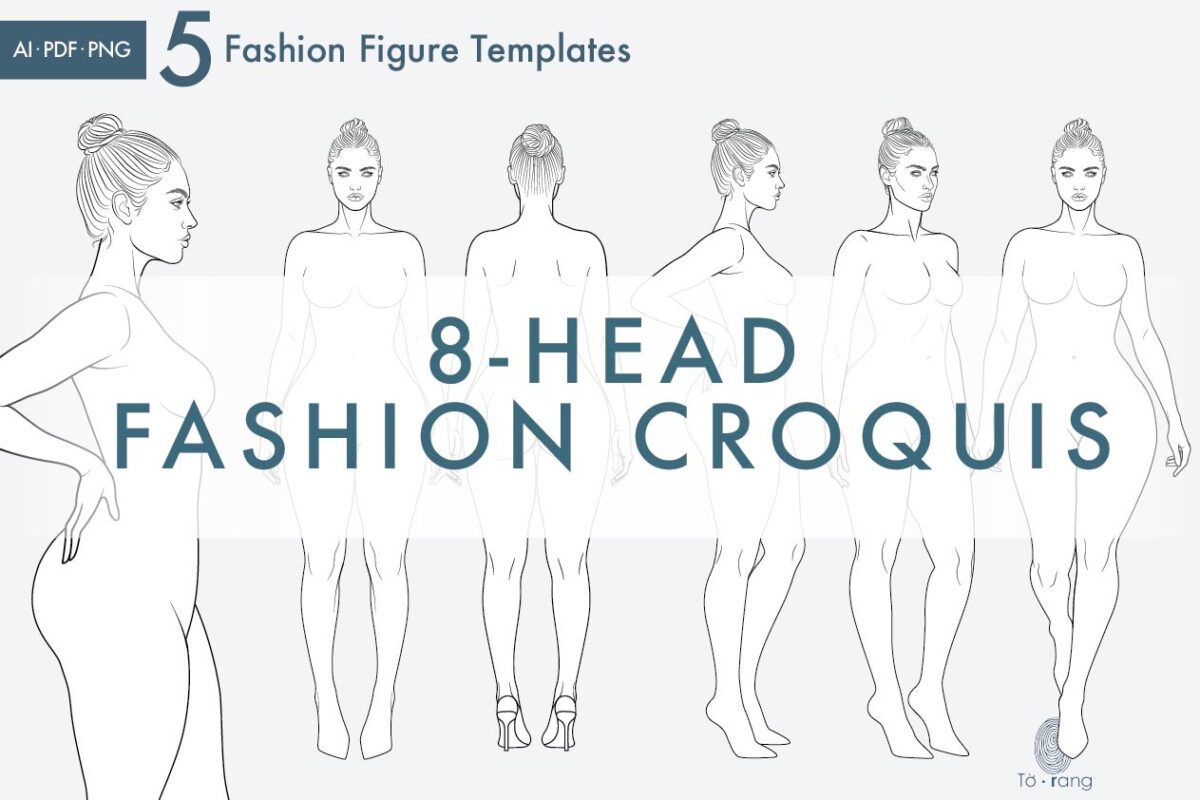 Pear Shape Fashion Figure Templates, 8-Head Croquis, 5 Poses, Printable Fashion Sketch Base - Image 2