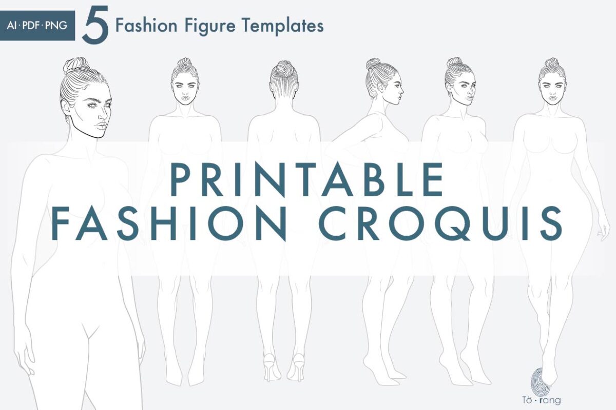 Pear Shape Fashion Figure Templates, 8-Head Croquis, 5 Poses, Printable Fashion Sketch Base - Image 3